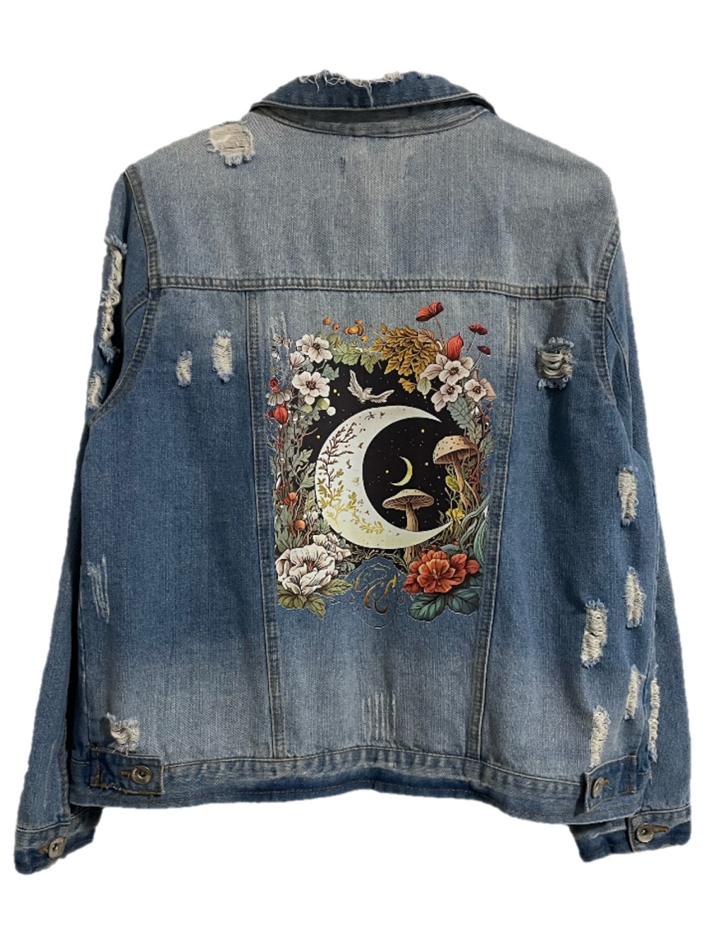 “Moonlight and Mushrooms” Witchy Theme heavily distressed loose fit jean jacket.